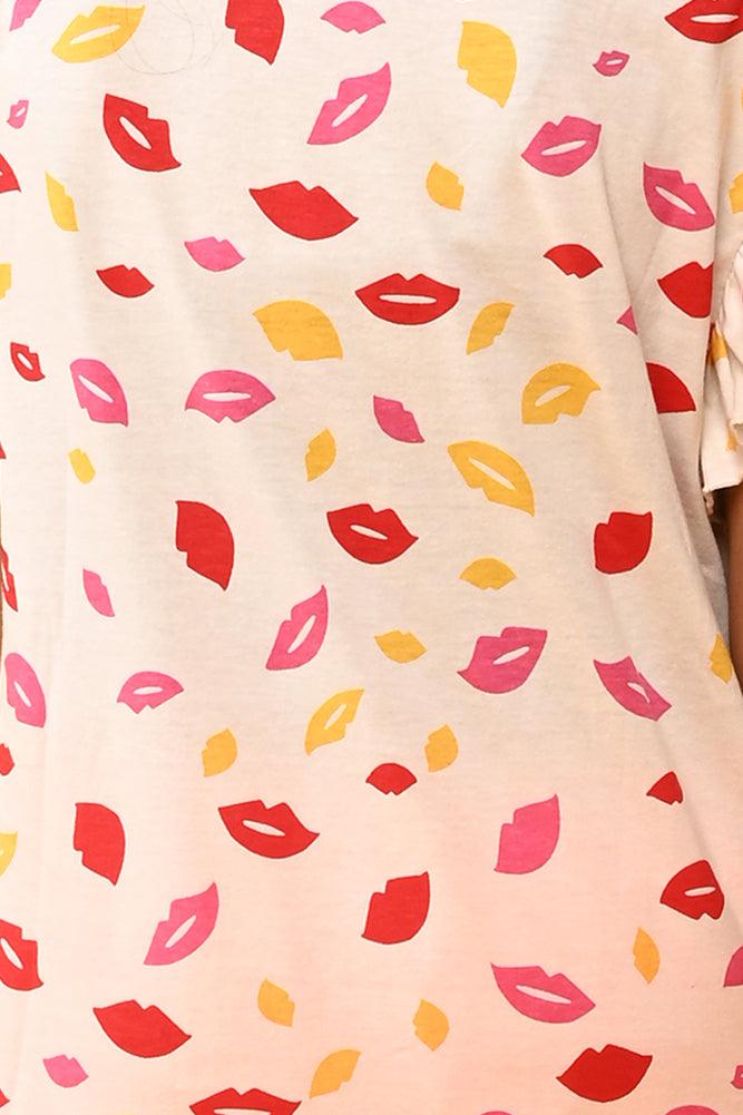 LIPS NEON PINK SHORTS SET - WHITE/PINK - Anthrilo India