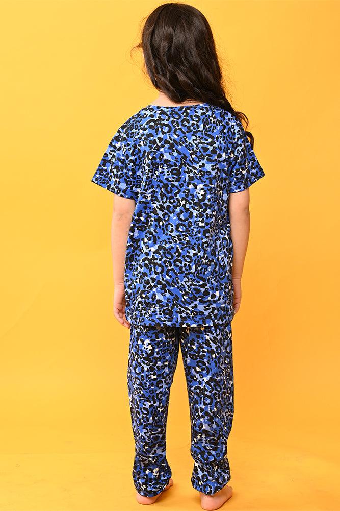 LEOPARD BLUE SHORT SLEEVES GIRLS PYJAMA SET - BLUE - Anthrilo India