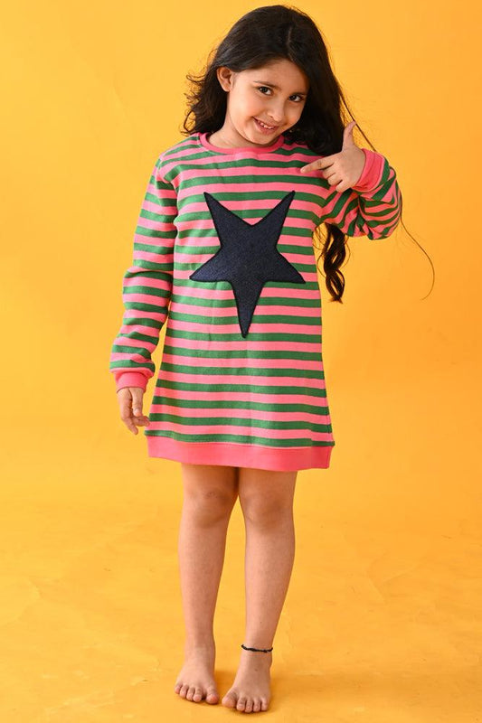 STRIPED STAR FLEECE SWEATSHIRT DRESS - PINK - Anthrilo Design House