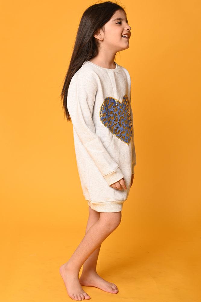 HEART FOIL PRINT FLEECE DRESS - ECRU MELANGE - Anthrilo Design House