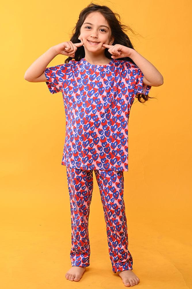 HEART PINK SHORT SLEEVES PYJAMA SET - PINK - Anthrilo India