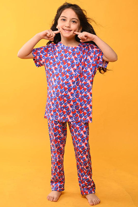 HEART PINK SHORT SLEEVES PYJAMA SET - PINK - Anthrilo India