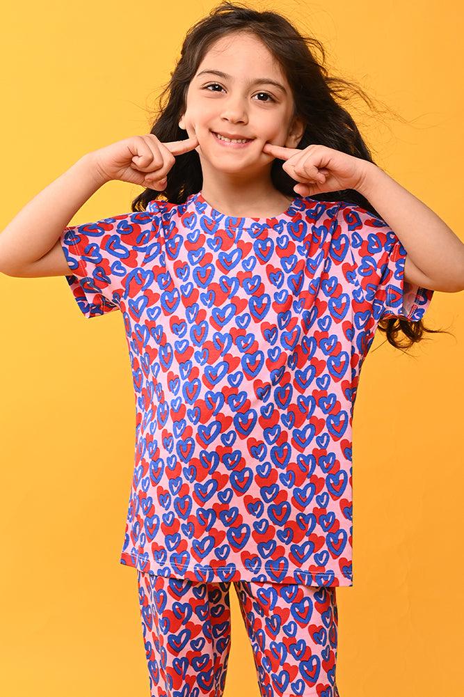 HEART PINK SHORT SLEEVES PYJAMA SET - PINK - Anthrilo India