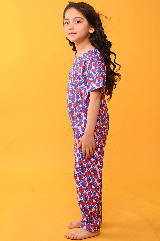 HEART PINK SHORT SLEEVES PYJAMA SET - PINK - Anthrilo India
