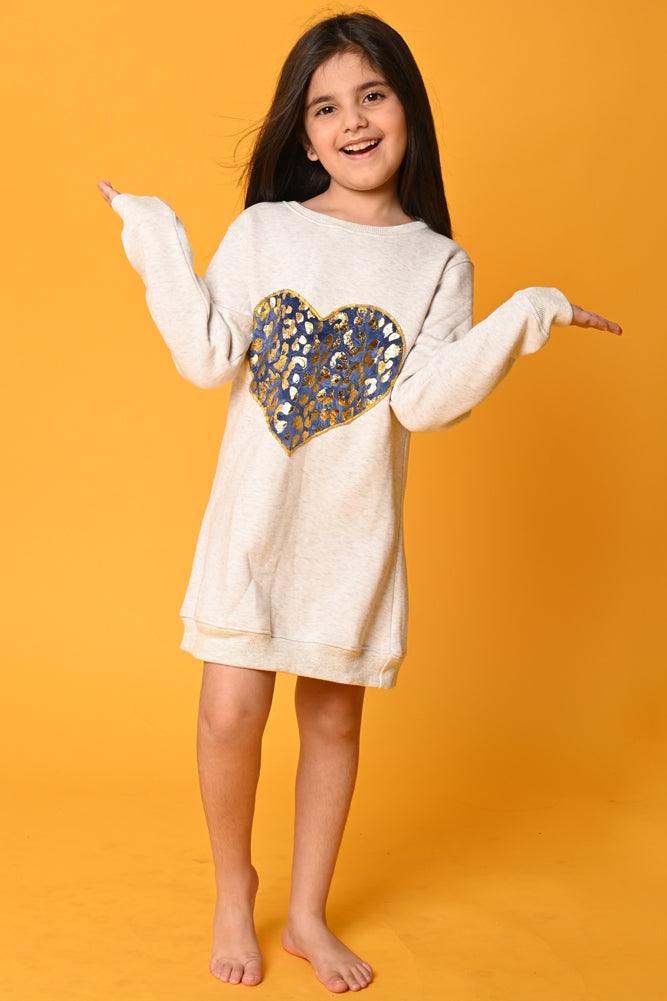HEART FOIL PRINT FLEECE DRESS - ECRU MELANGE - Anthrilo Design House