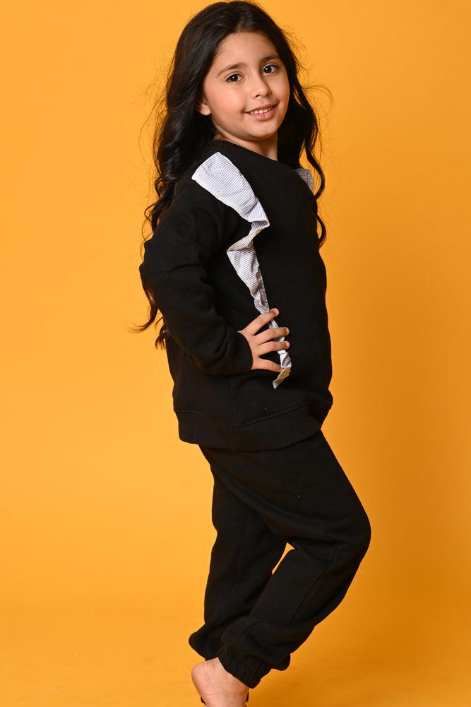 BLACK PIN STRIPES RUFFLES FLEECES SWEATSHIRT - BLACK - Anthrilo Design House