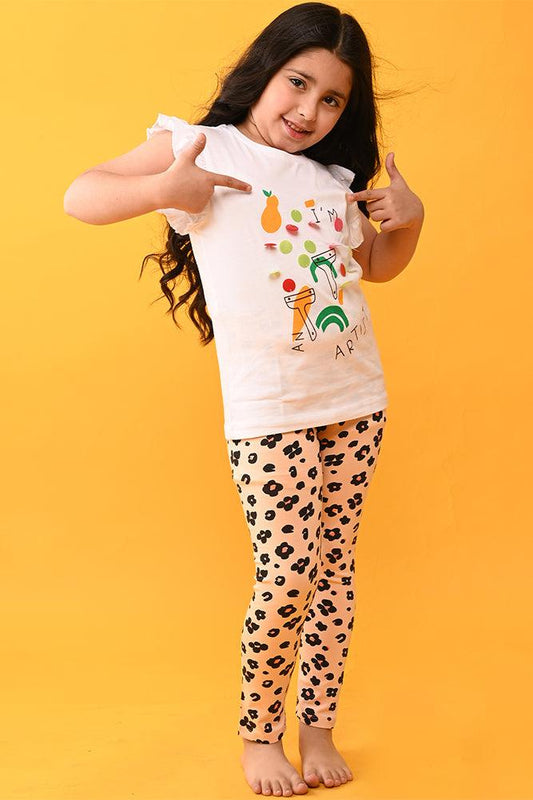 ARTIST LEOPARD LEGGINGS SET - WHITE/PEACH - Anthrilo India