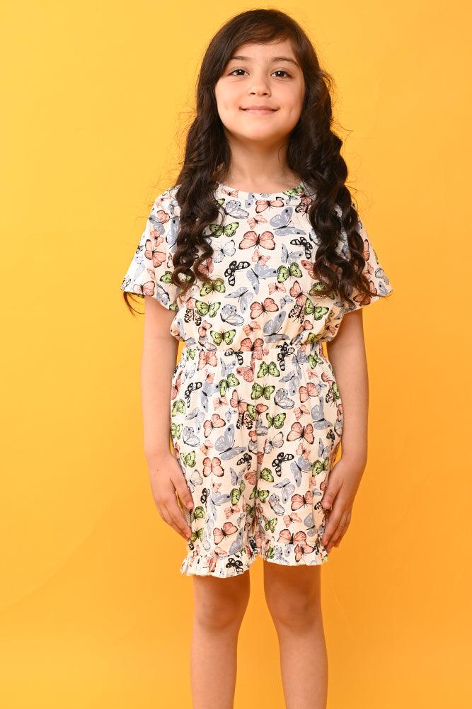 BUTTERFLY FRILL SLEEPWEAR SHORTS SET - WHITE - Anthrilo India