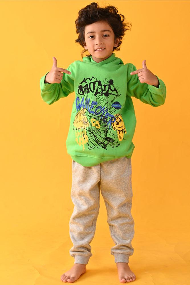 GAMING GREY MELANGE FLEECE HOODIE JOGGER SET - GREEN - Anthrilo Design House