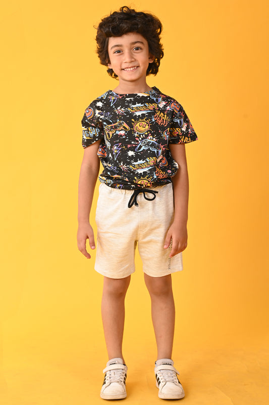LEVEL UP ECRU MEL. SHORTS SET- BLACK/ECRU MELANGE
