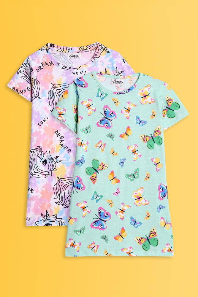 BUTTERFLY GREEN AND UNICORN TIE DYE NIGHT DRESS (PACK OF 2) - Anthrilo India
