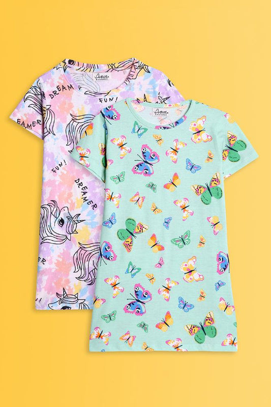 BUTTERFLY GREEN AND UNICORN TIE DYE NIGHT DRESS (PACK OF 2) - Anthrilo India