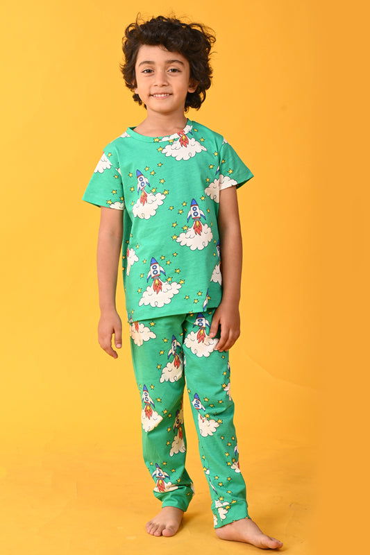 ROCKET GREEN SHORT SLEEVES BOYS PYJAMA SET - GREEN - Anthrilo India