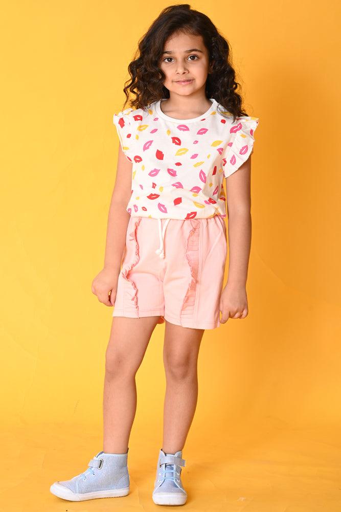 LIPS PINK FRILL SHORTS SET- WHITE/PINK - Anthrilo India