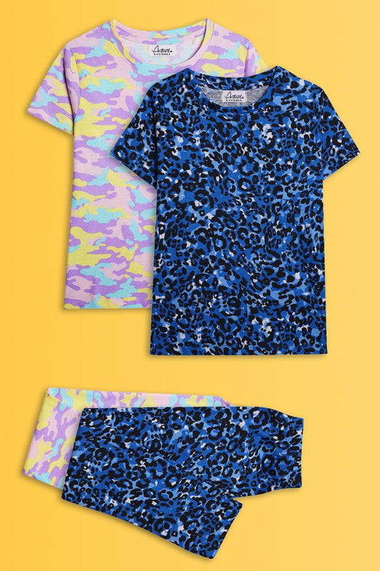 LEOPARD BLUE AND CAMOUFLAGE PINK SHORT SLEEVE PYJAMA SET (PACK OF 2) - Anthrilo India