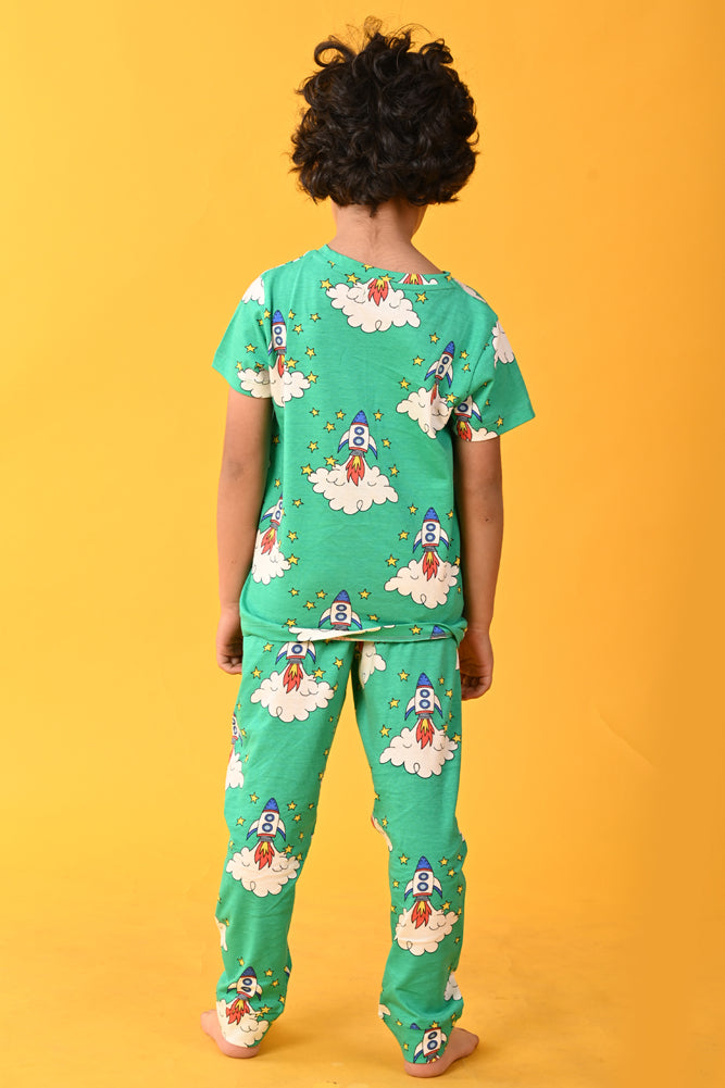 ROCKET GREEN SHORT SLEEVES BOYS PYJAMA SET - GREEN - Anthrilo India