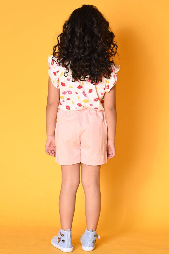 LIPS PINK FRILL SHORTS SET- WHITE/PINK - Anthrilo India