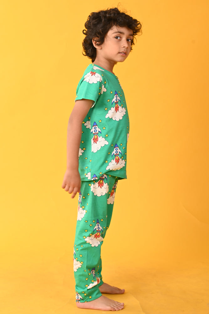 ROCKET GREEN SHORT SLEEVES BOYS PYJAMA SET - GREEN - Anthrilo India