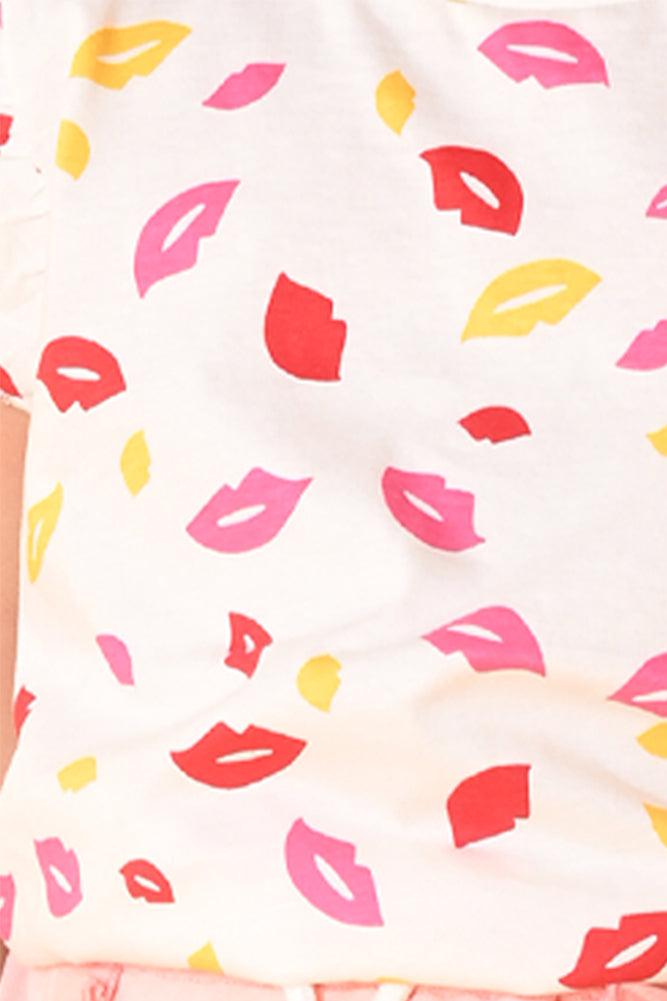 LIPS PINK FRILL SHORTS SET- WHITE/PINK - Anthrilo India