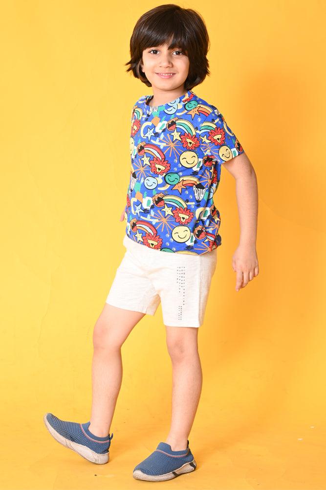 ANIMAL ECRU MELANGE SHORTS SET- BLUE/ECRU MEL. - Anthrilo India