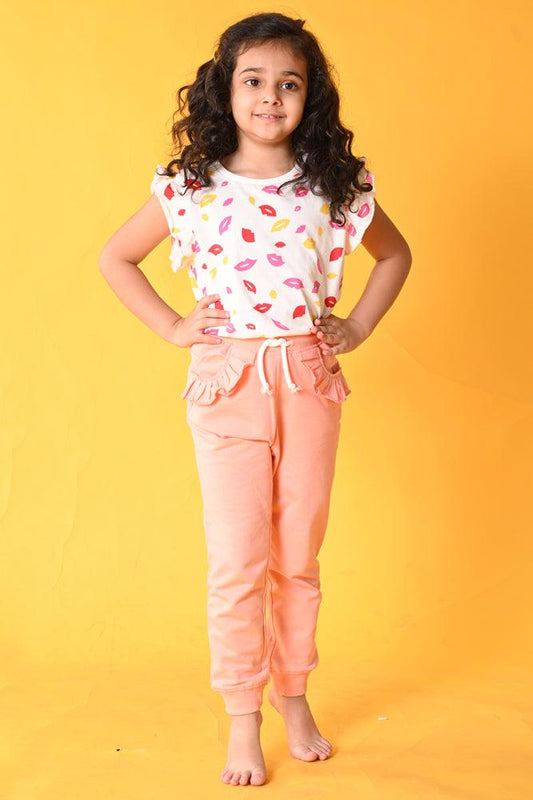 LIPS PRETTY PEACH JOGGER SET - WHITE/PEACH - Anthrilo India