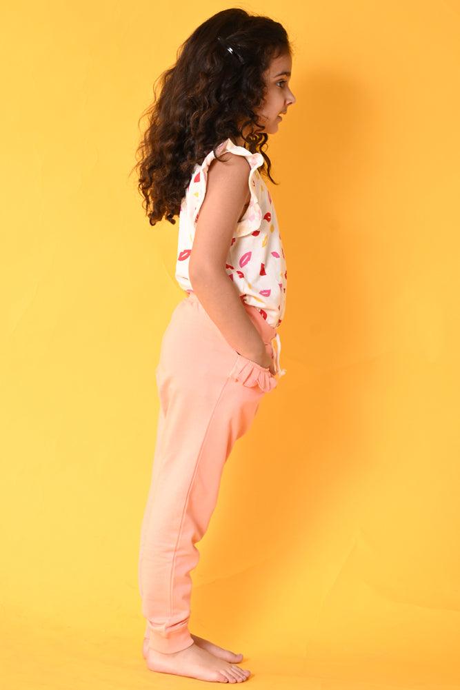 LIPS PRETTY PEACH JOGGER SET - WHITE/PEACH - Anthrilo India