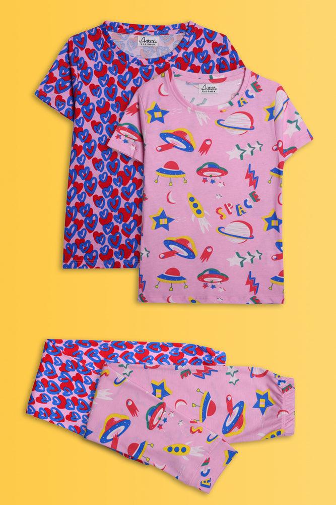 SPACE PINK AND PINK HEART SHORT SLEEVE PYJAMA SET (PACK OF 2) - Anthrilo India