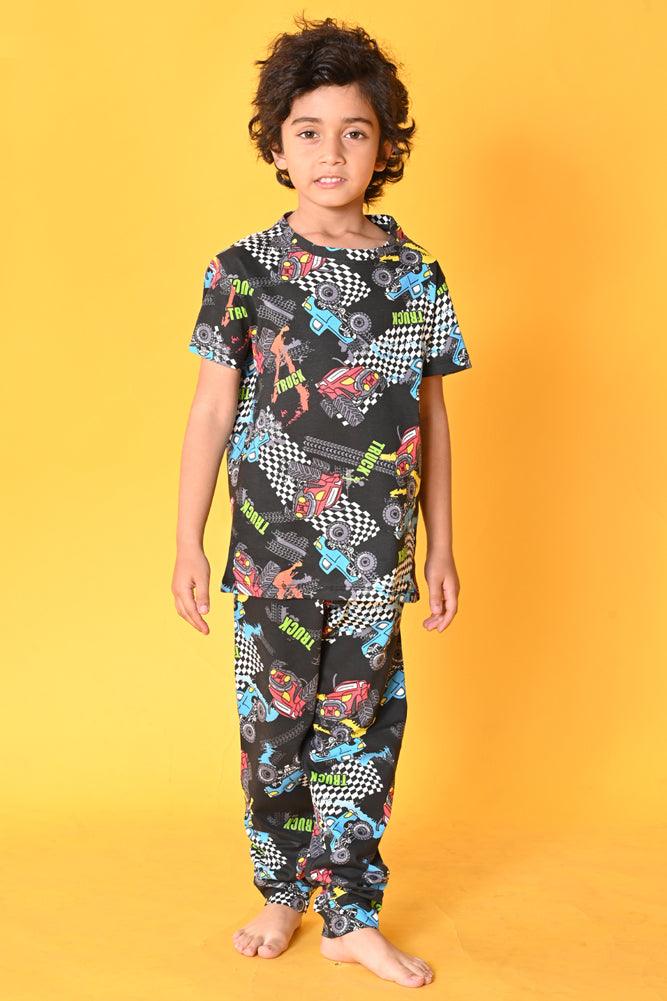 TRUCK BLACK SHORT SLEEVES PYJAMA SET - BLACK - Anthrilo India