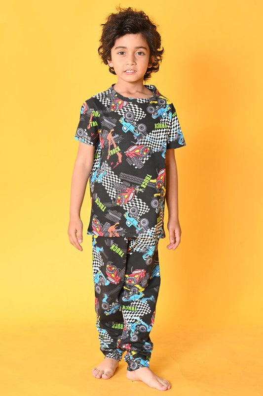 TRUCK BLACK SHORT SLEEVES PYJAMA SET - BLACK - Anthrilo India