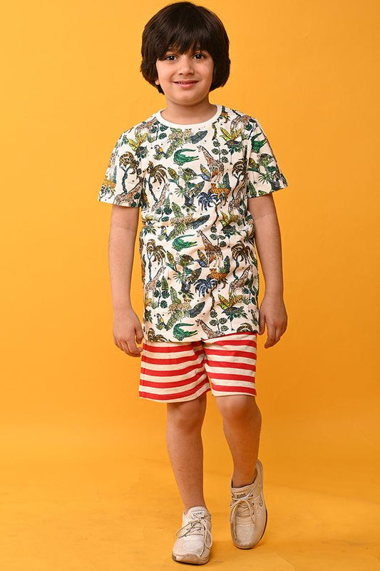 JUNGLE RED STRIPED SHORTS SET - WHITE/RED - Anthrilo India