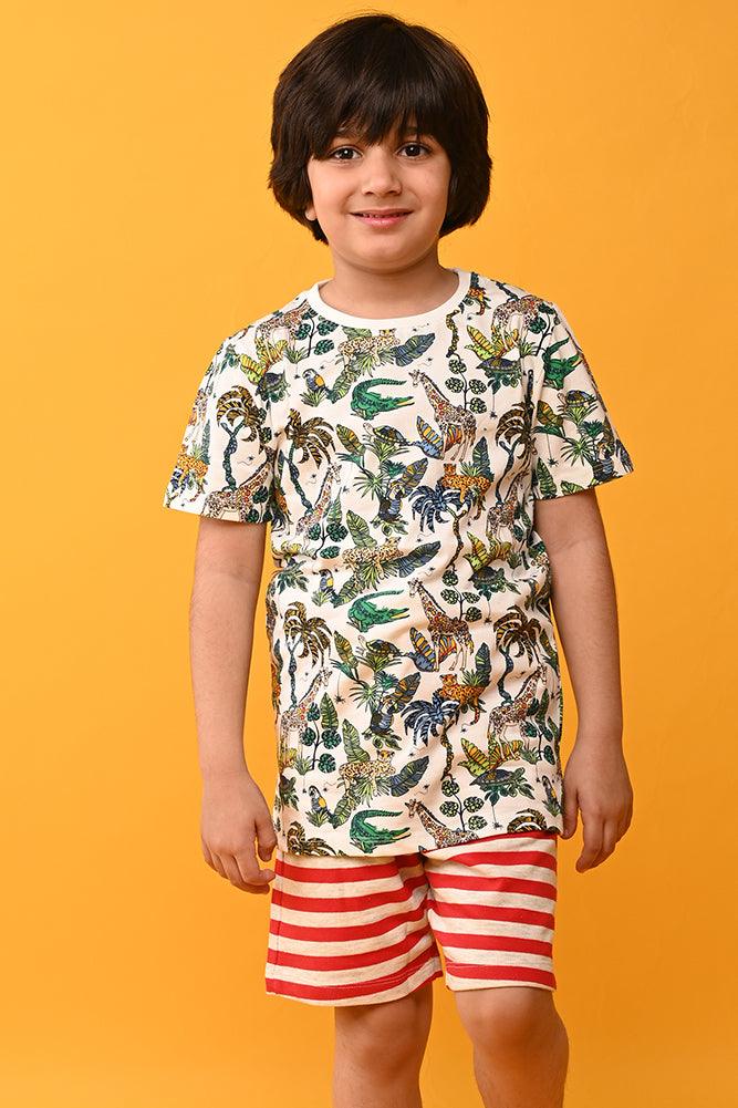 JUNGLE RED STRIPED SHORTS SET - WHITE/RED - Anthrilo India