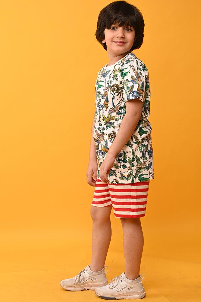 JUNGLE RED STRIPED SHORTS SET - WHITE/RED - Anthrilo India