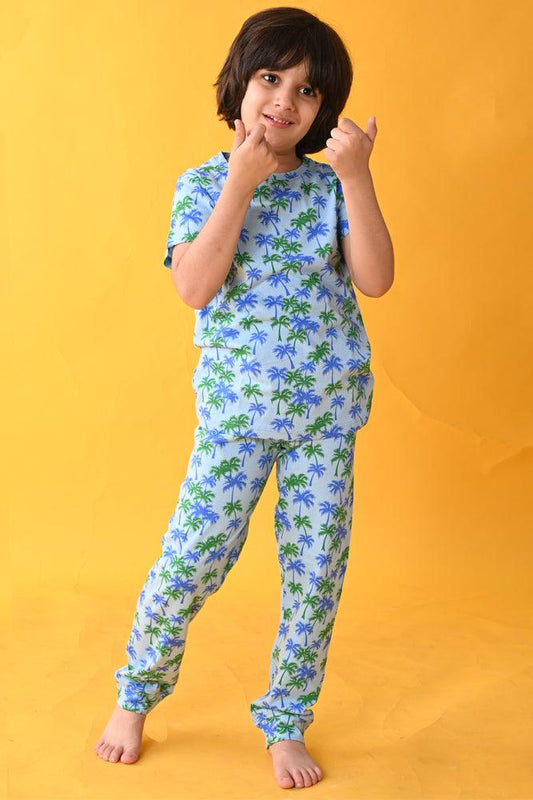 SKY PALM TREE SHORT SLEEVES PYJAMA SET - BLUE - Anthrilo India