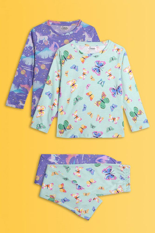 BUTTERFLY GREEN AND UNICORN PLANET LONG SLEEVE PYJAMA SET (PACK OF 2) - Anthrilo India