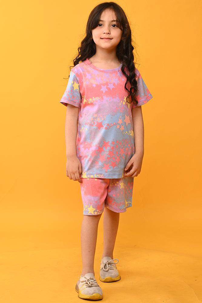 TIE DYE STAR GIRLS SLEEPWEAR SHORTS SET - PINK - Anthrilo India