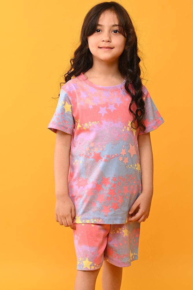 TIE DYE STAR GIRLS SLEEPWEAR SHORTS SET - PINK - Anthrilo India