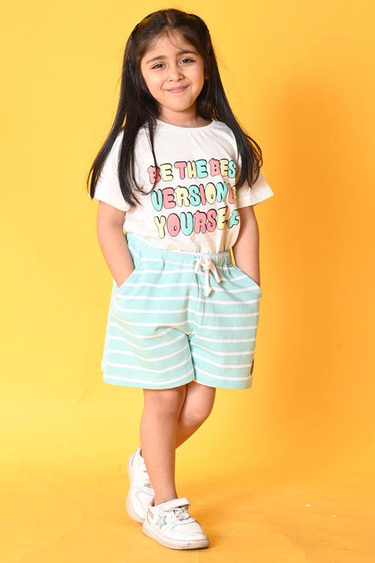 BE YOURSELF AQUA STRIPED SHORTS SET- WHITE/AQUA - Anthrilo India