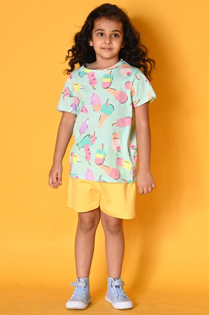 ICE CREAM YELLOW SIDE TAPE SHORTS SET- AQUA/YELLOW - Anthrilo India