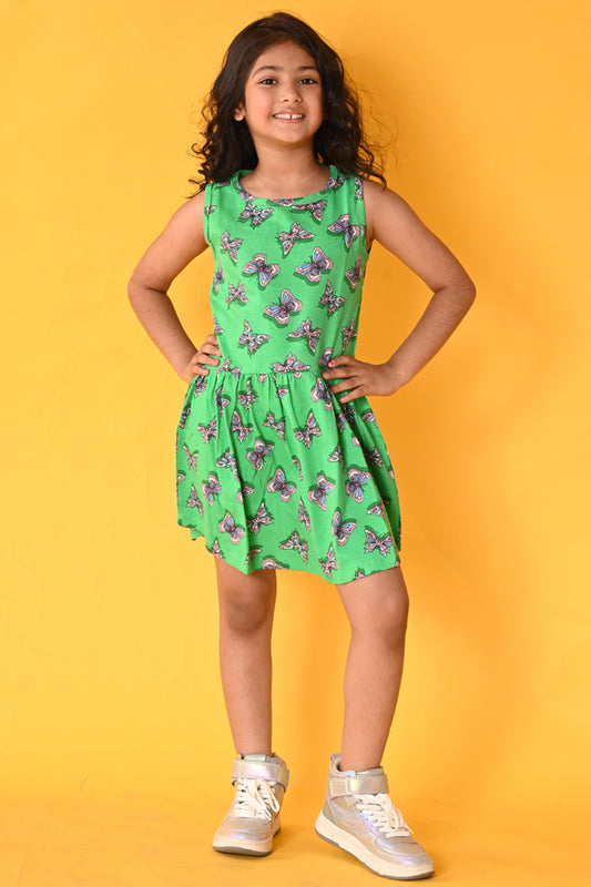 GREEN BUTTERFLY SLEEVELESS DRESS - GREEN - Anthrilo India