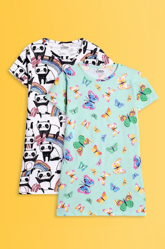 BUTTERFLY GREEN AND PANDA NIGHT DRESS (PACK OF 2) - Anthrilo India