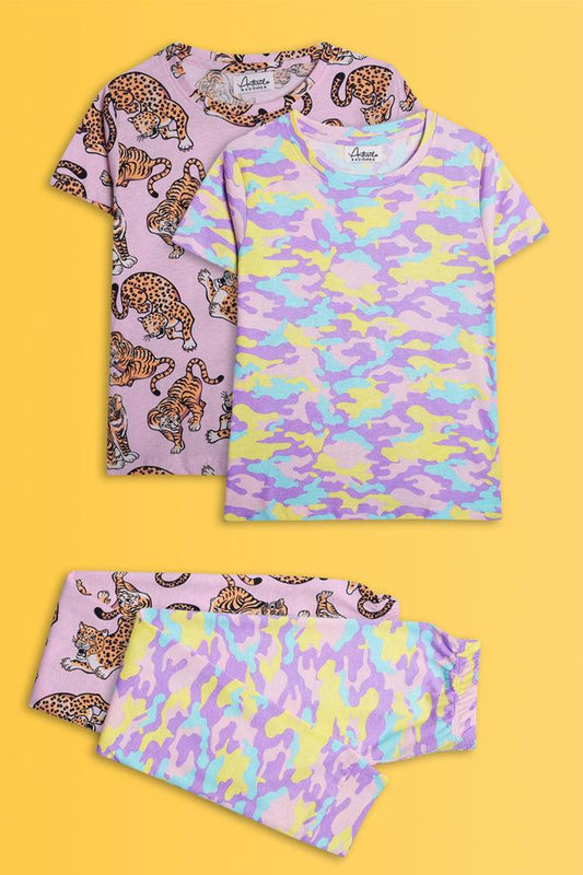 CAMOUFLAGE PINK AND TIGER PINK SHORT SLEEVE PYJAMA SET (PACK OF 2) - Anthrilo India