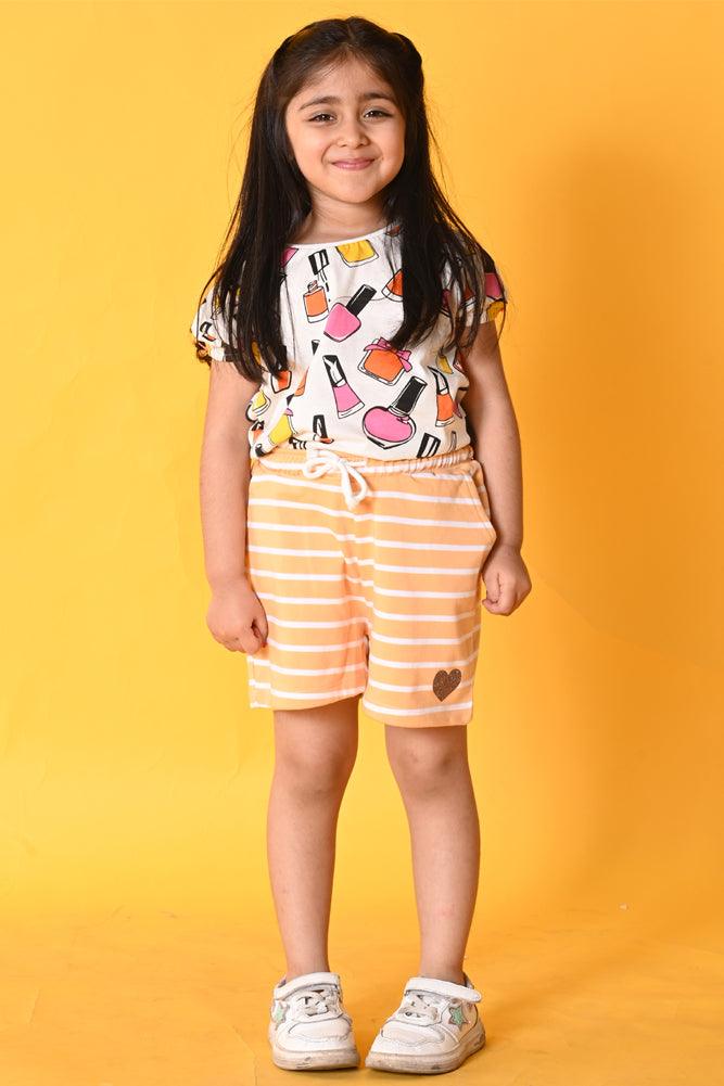 NAIL PAINT ORANGE STRIPED SHORTS SET - WHITE/ORANGE - Anthrilo India