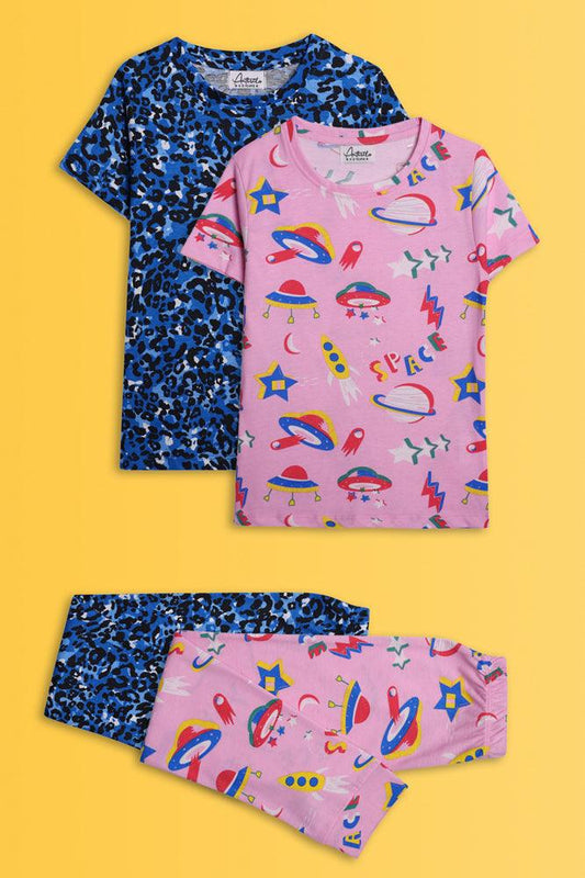 SPACE PINK AND LEOPARD BLUE SHORT SLEEVE PYJAMA SET (PACK OF 2) - Anthrilo India
