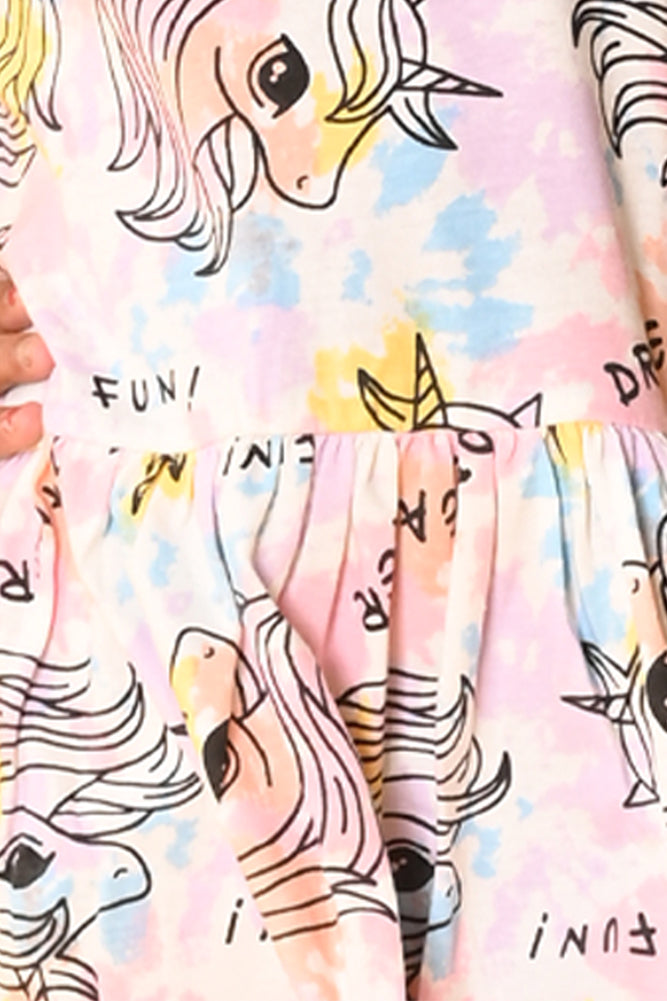TIE DYE UNICORN RUFFLES SLEEVES DRESS - WHITE - Anthrilo India