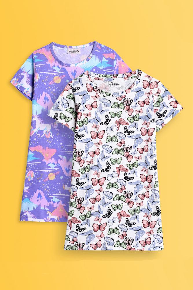 BUTTERFLY AND UNICORN PLANET NIGHT DRESS (PACK OF 2) - Anthrilo India