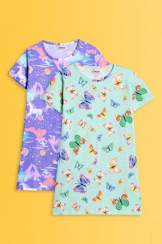 BUTTERFLY GREEN AND UNICORN PLANET NIGHT DRESS (PACK OF 2) - Anthrilo India