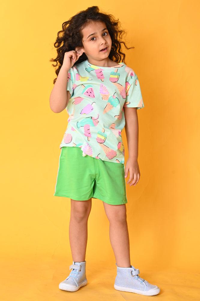ICE CREAM GREEN SIDE TAPE SHORTS SET- AQUA/GREEN - Anthrilo India