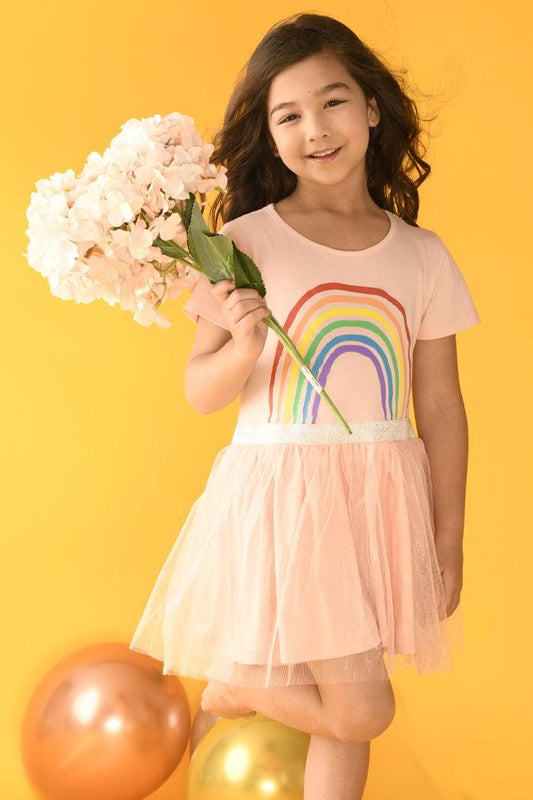 RAINBOW NET SHORT SLEEVES DRESS - PINK - Anthrilo Design House