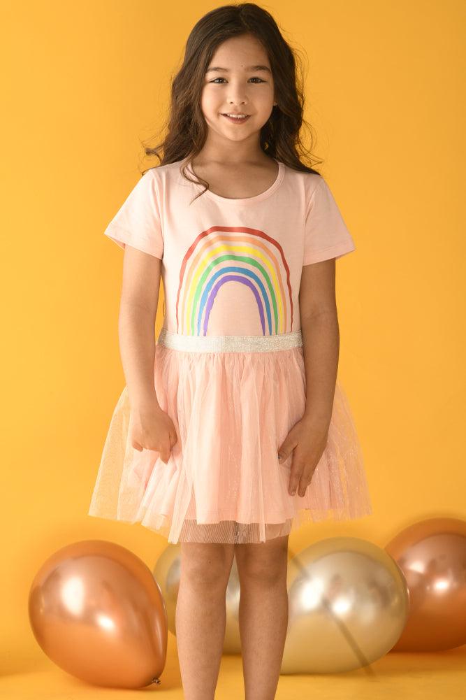 RAINBOW NET SHORT SLEEVES DRESS - PINK - Anthrilo Design House