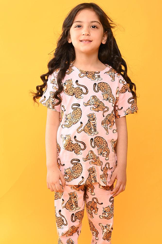 TIGER PINK SHORT SLEEVES PYJAMA SET - PINK - Anthrilo India